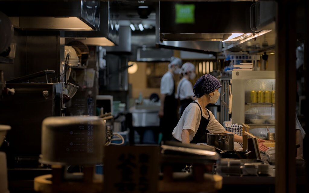 busy kyoto restaurant kitchen at night